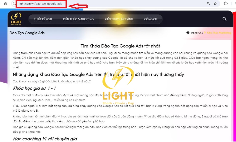 URL bài viết về khoá đào tạo Google Ads của LIGHT