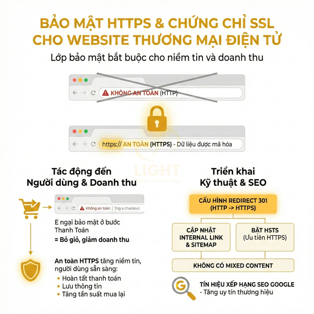 Infographic lợi ích bảo mật HTTPS và chứng chỉ SSL cho website thương mại điện tử, tăng niềm tin và hỗ trợ SEO