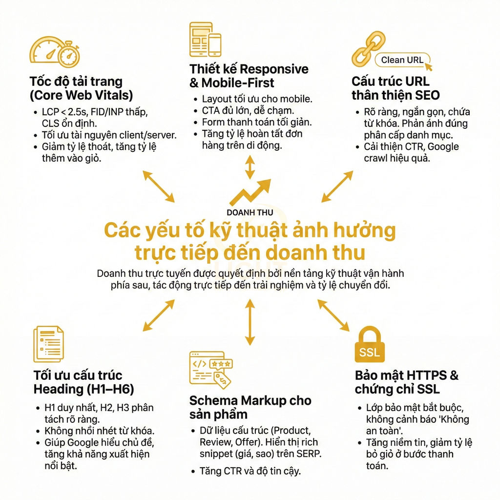Các yếu tố kỹ thuật SEO quan trọng giúp tăng doanh thu website như tốc độ tải trang, mobile first, HTTPS, schema markup