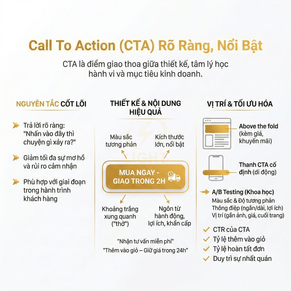 Infographic hướng dẫn thiết kế nút kêu gọi hành động CTA rõ ràng nổi bật với nút Mua ngay giao trong 2h