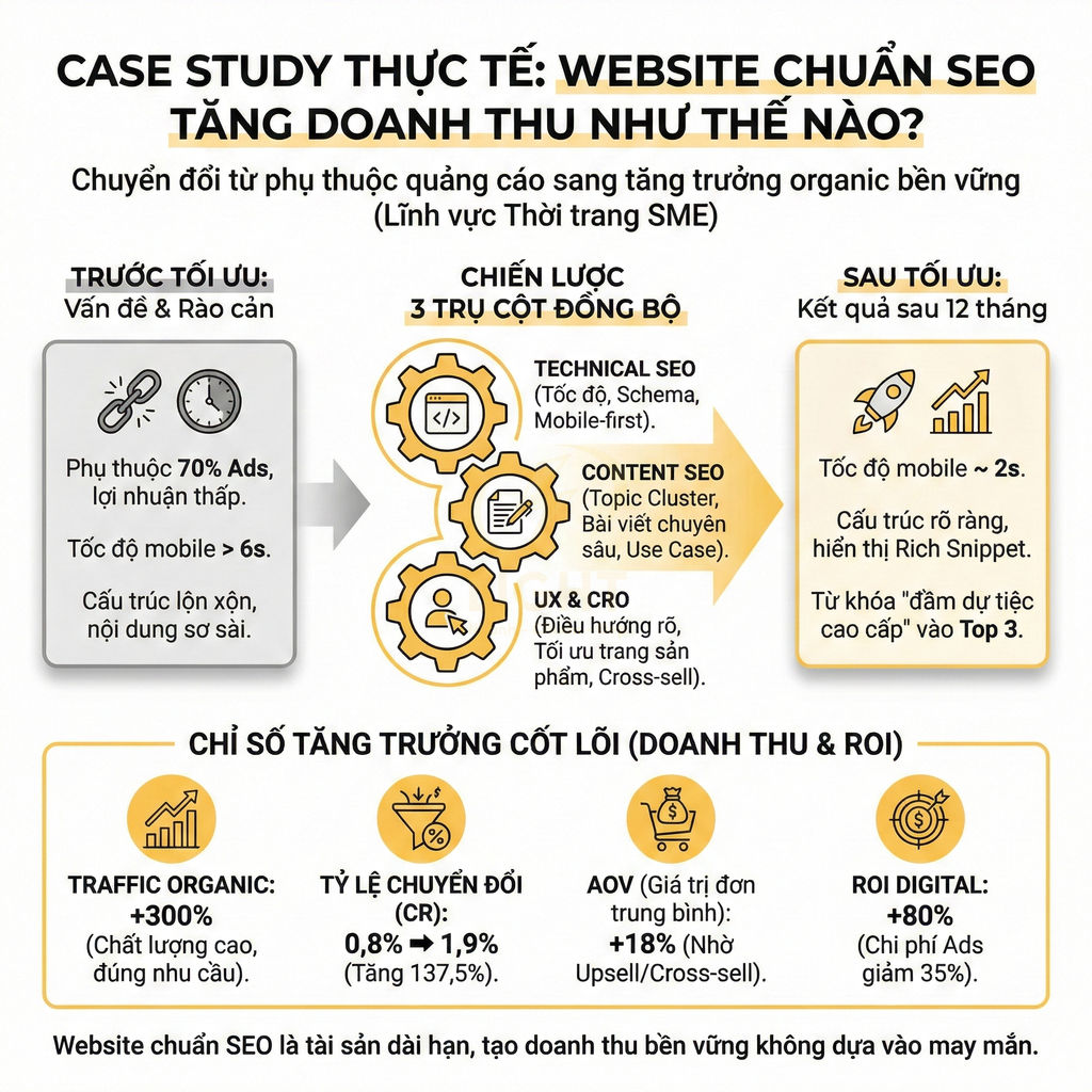 Infographic case study tối ưu website chuẩn SEO giúp tăng traffic organic, tỷ lệ chuyển đổi và doanh thu cho ngành thời trang SME