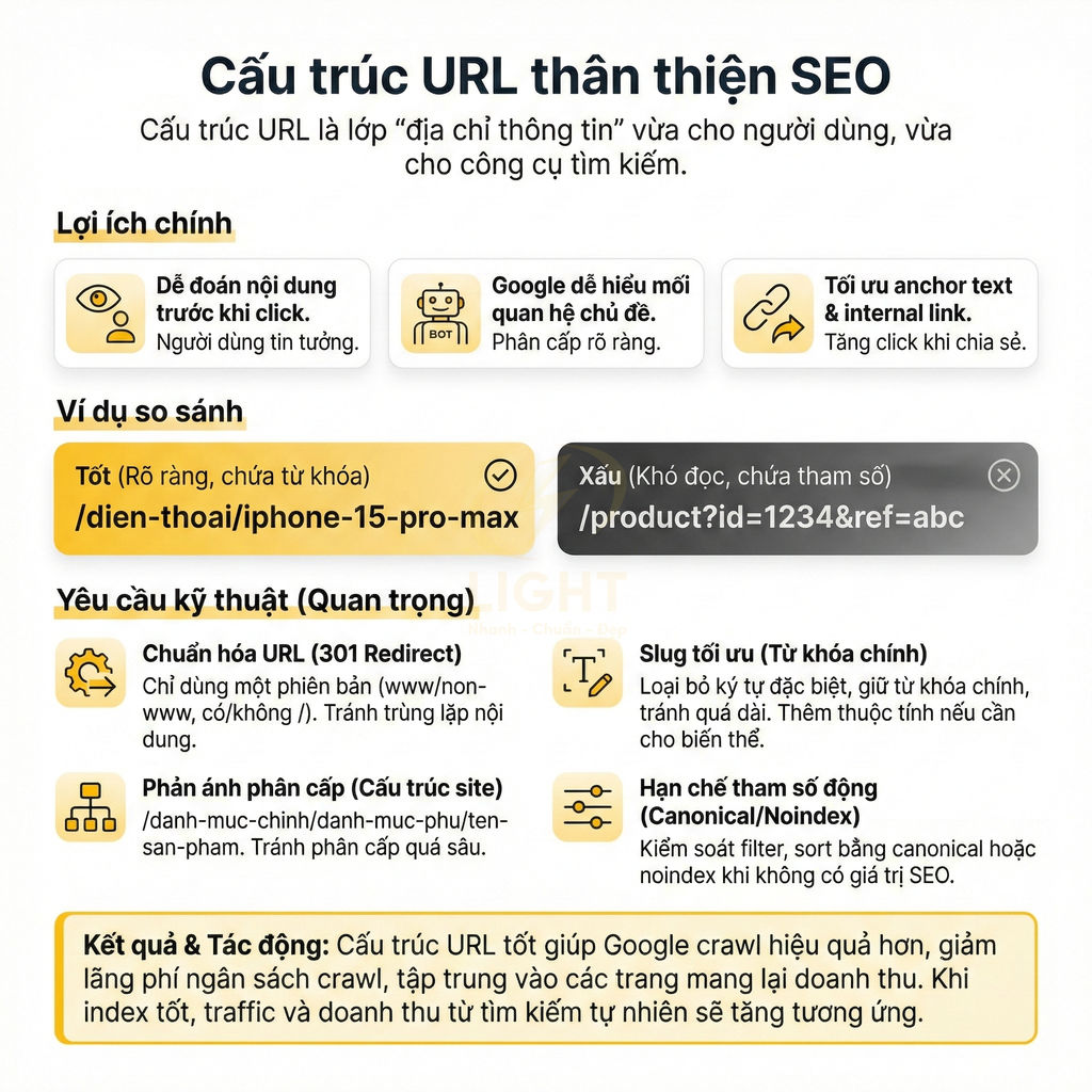 Hướng dẫn cấu trúc URL thân thiện SEO với ví dụ URL tốt cho iPhone 15 Pro Max và URL xấu chứa tham số