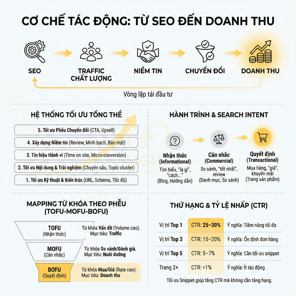 Infographic quy trình SEO tạo traffic chất lượng, xây niềm tin, tăng chuyển đổi và doanh thu cùng tối ưu từ khóa theo phễu