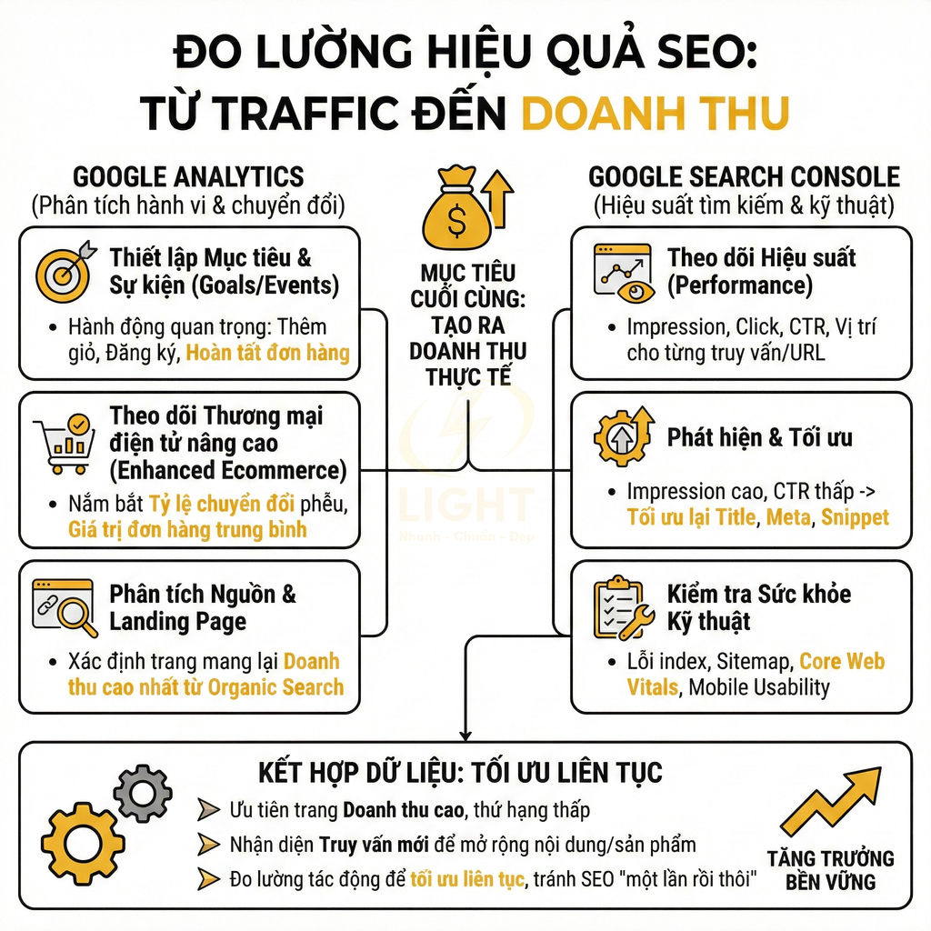 Infographic đo lường hiệu quả SEO từ traffic đến doanh thu bằng Google Analytics và Google Search Console