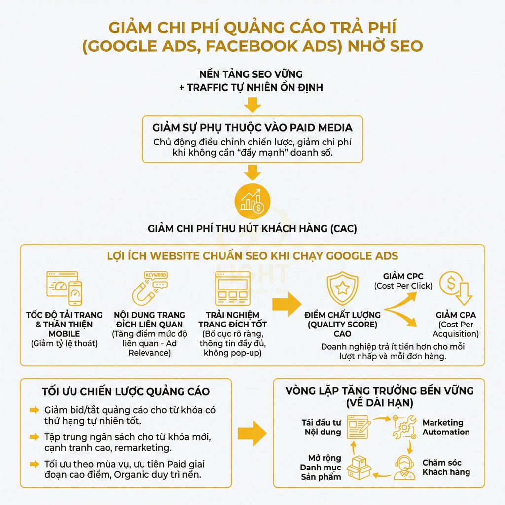 Infographic lợi ích SEO giúp giảm chi phí quảng cáo Google Ads Facebook Ads và tối ưu chiến lược marketing
