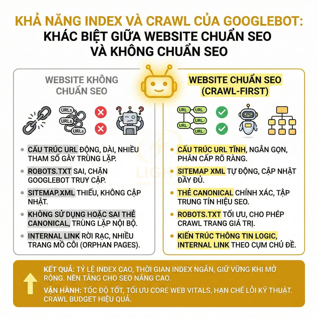 So sánh website chuẩn SEO và không chuẩn SEO về khả năng index và crawl của Googlebot