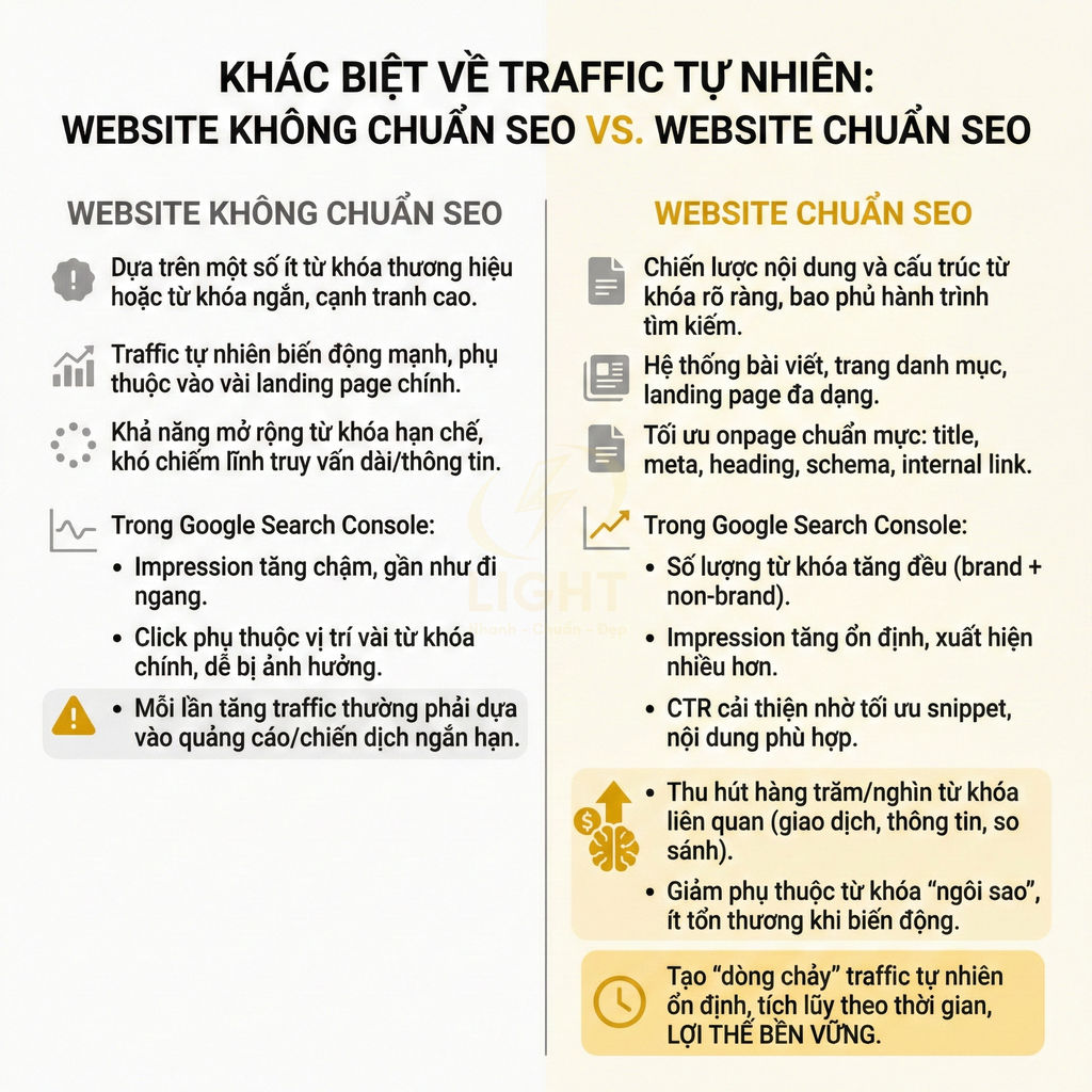 So sánh traffic tự nhiên giữa website chuẩn SEO và website không chuẩn SEO bằng infographic tiếng Việt