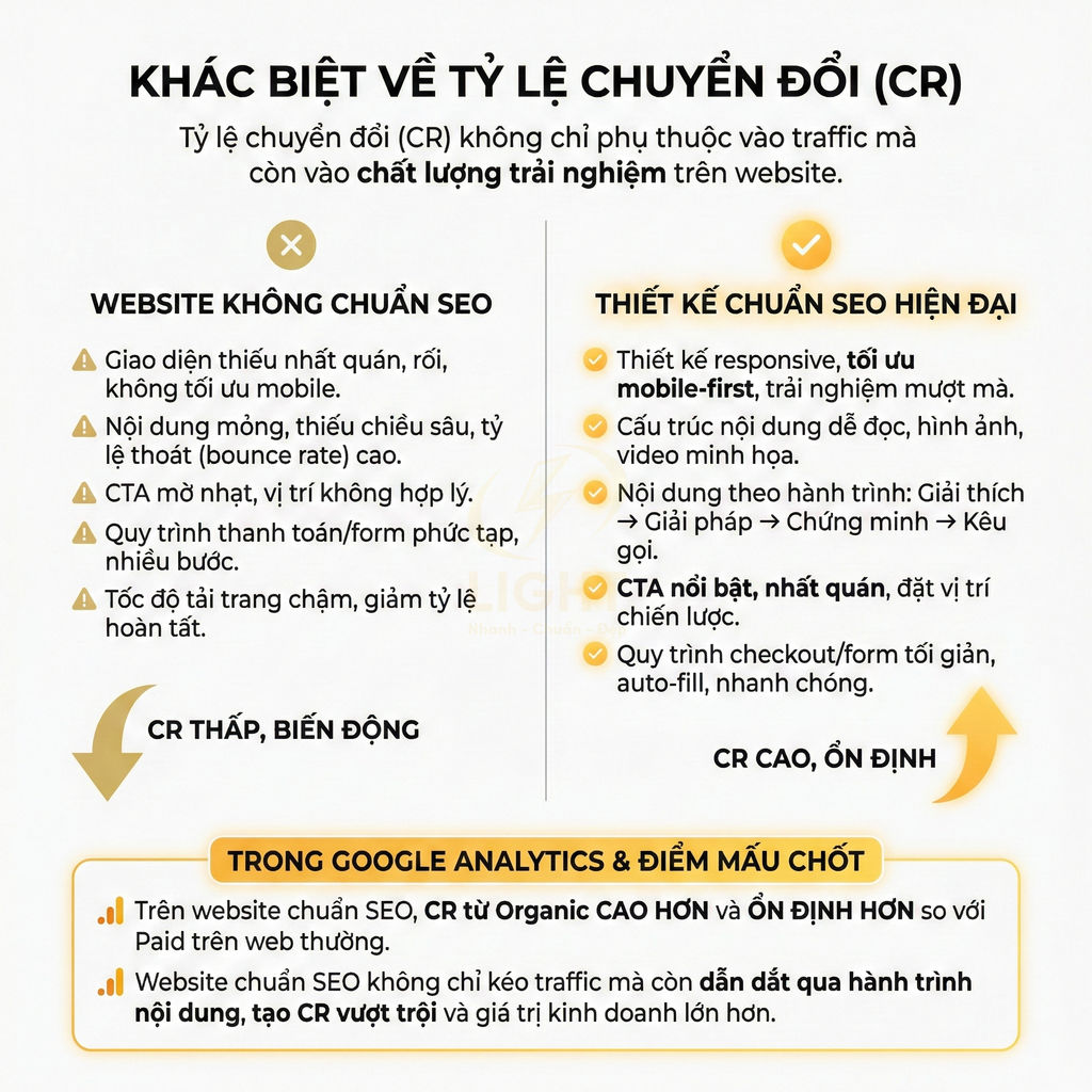 Infographic so sánh website không chuẩn SEO và thiết kế chuẩn SEO hiện đại về tỷ lệ chuyển đổi CR