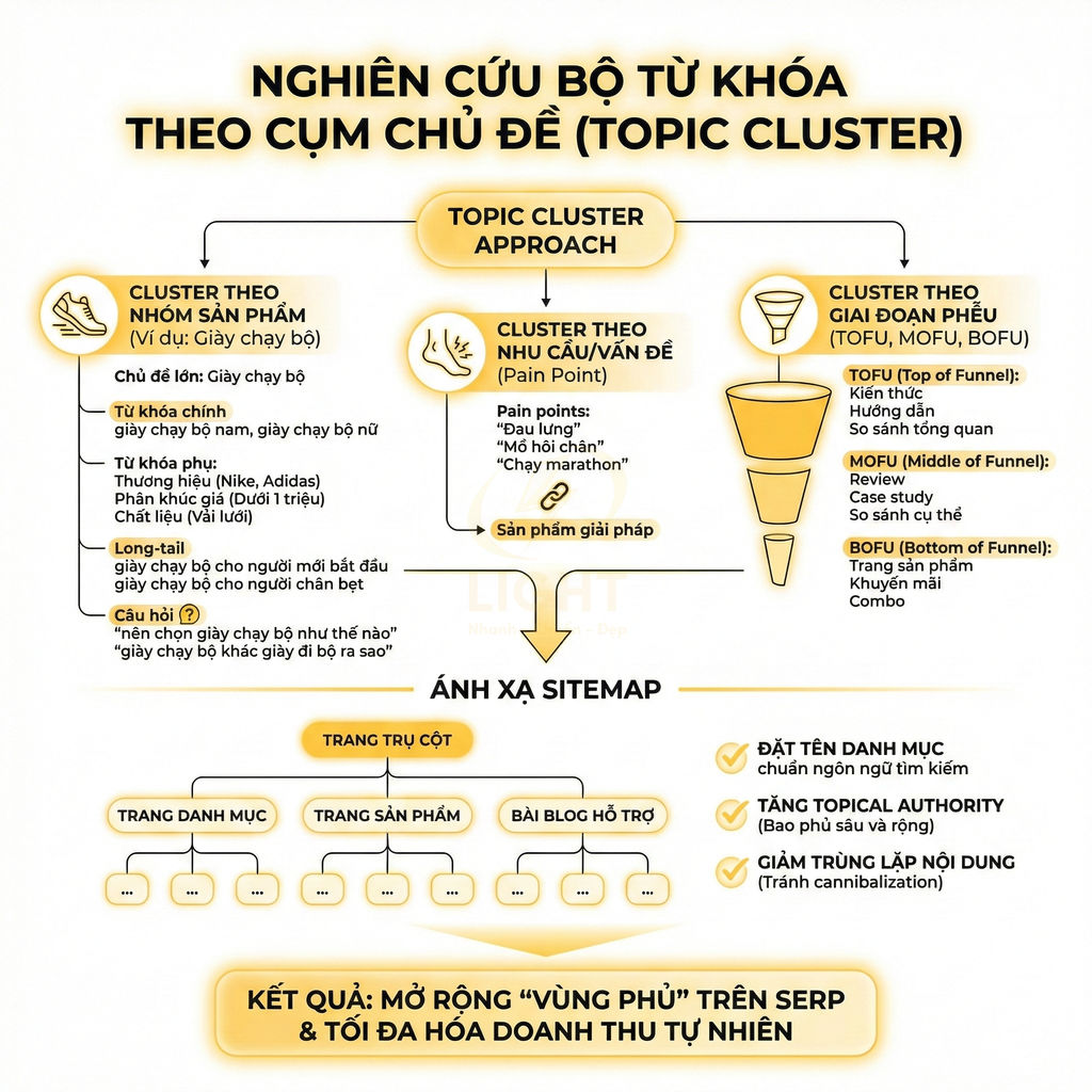 Infographic quy trình nghiên cứu bộ từ khóa theo cụm chủ đề topic cluster cho website SEO