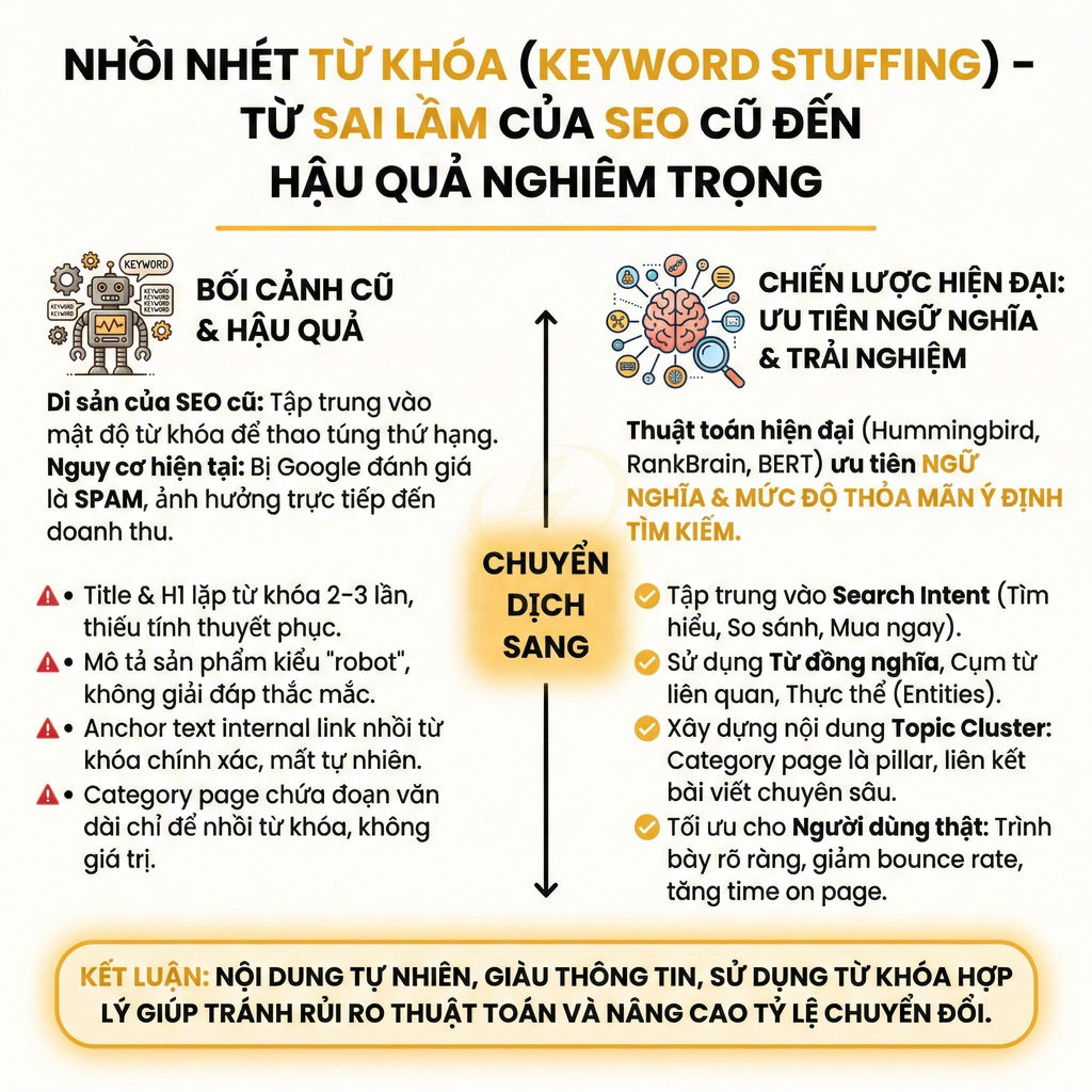 Infographic giải thích tác hại nhồi nhét từ khóa trong SEO và gợi ý chiến lược nội dung tự nhiên, tập trung trải nghiệm người dùng