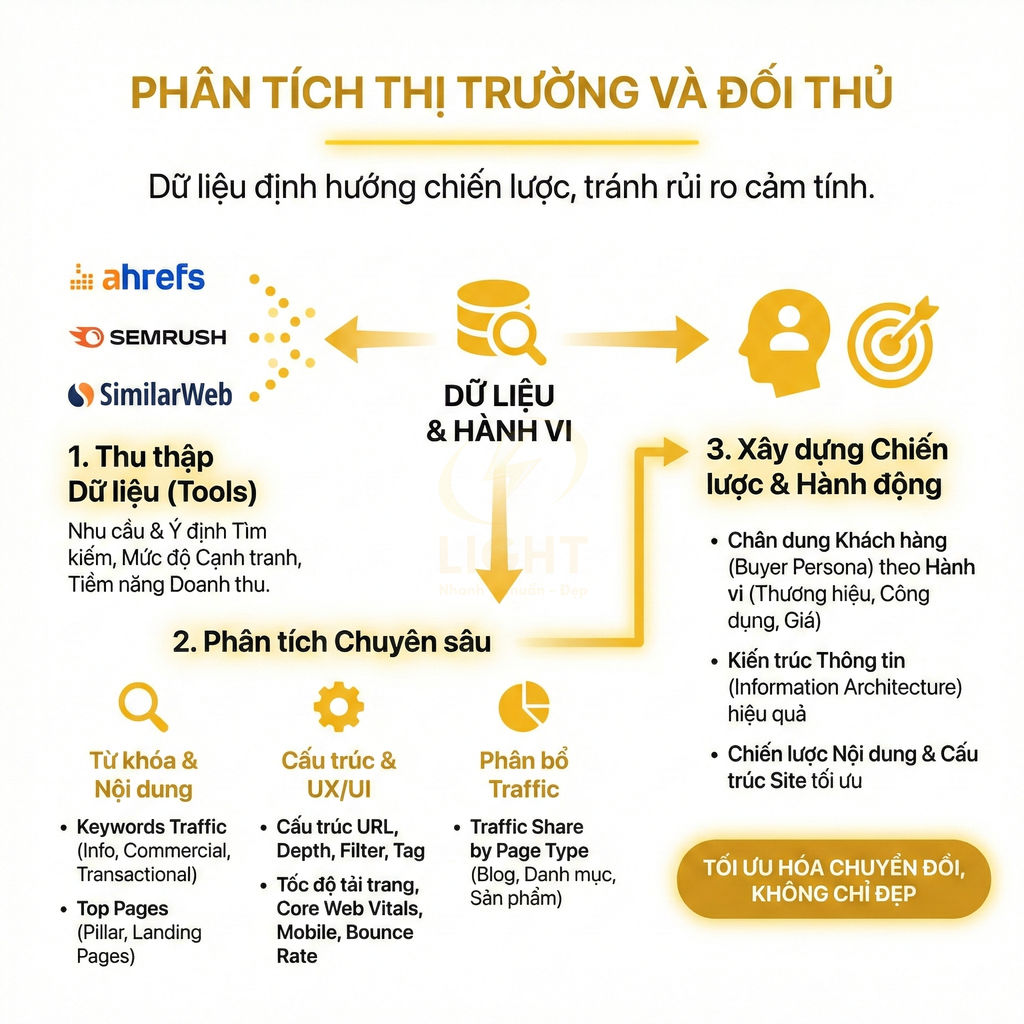 Infographic quy trình phân tích thị trường và đối thủ bằng dữ liệu hành vi, từ khóa, traffic để xây dựng chiến lược marketing
