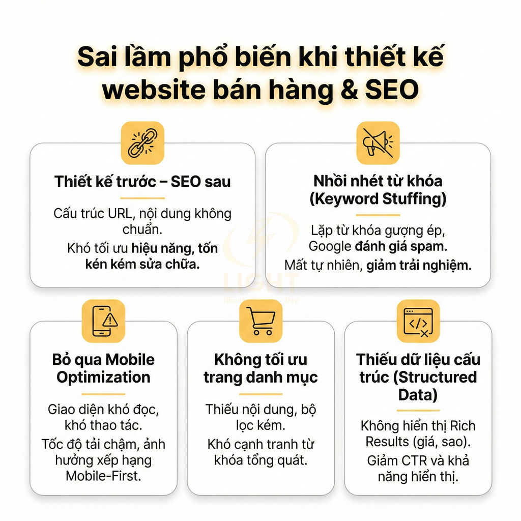 Các sai lầm phổ biến khi thiết kế website bán hàng và SEO như nhồi nhét từ khóa, bỏ qua mobile, thiếu dữ liệu cấu trúc