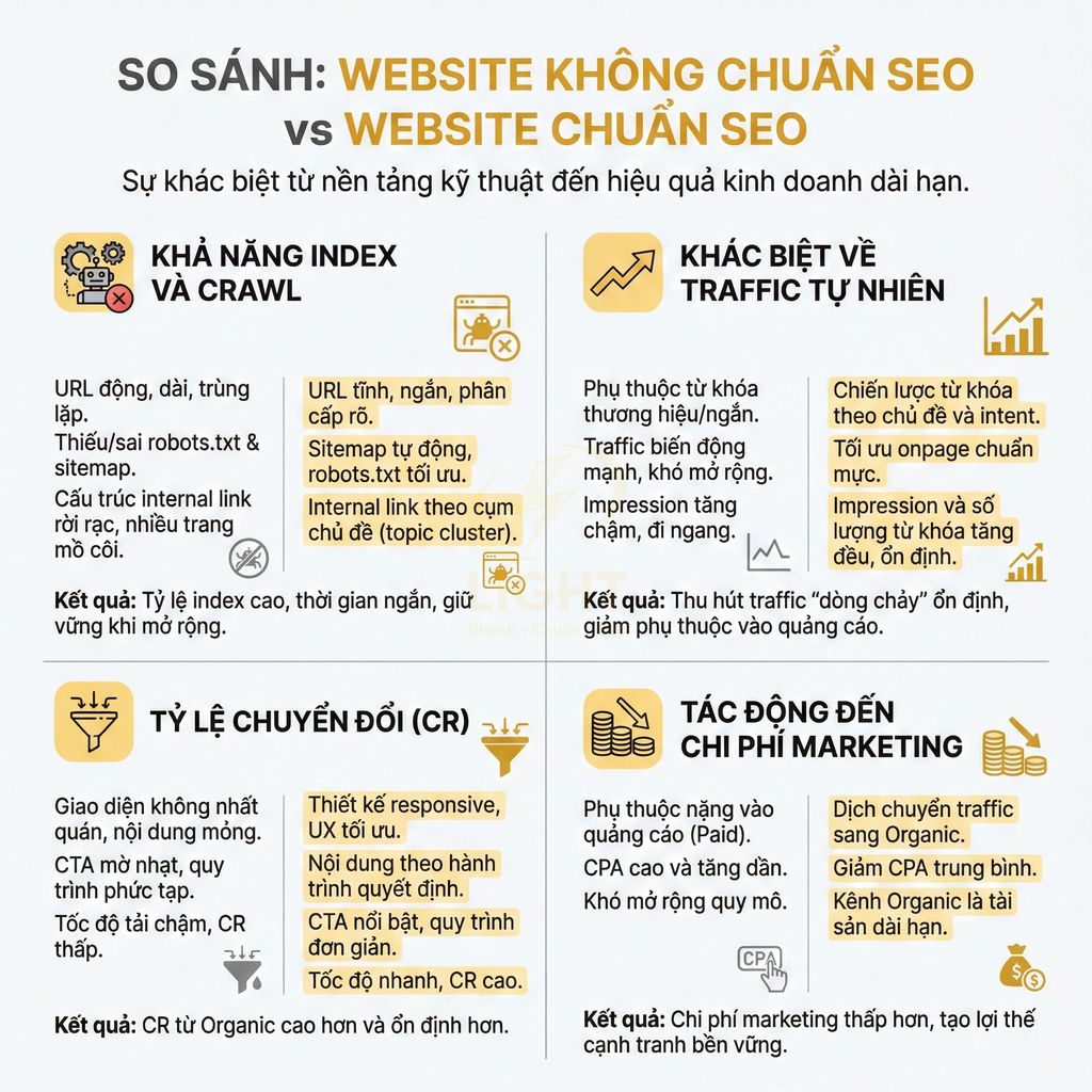 Infographic so sánh website chuẩn SEO và không chuẩn SEO về index, traffic tự nhiên, tỷ lệ chuyển đổi và chi phí marketing