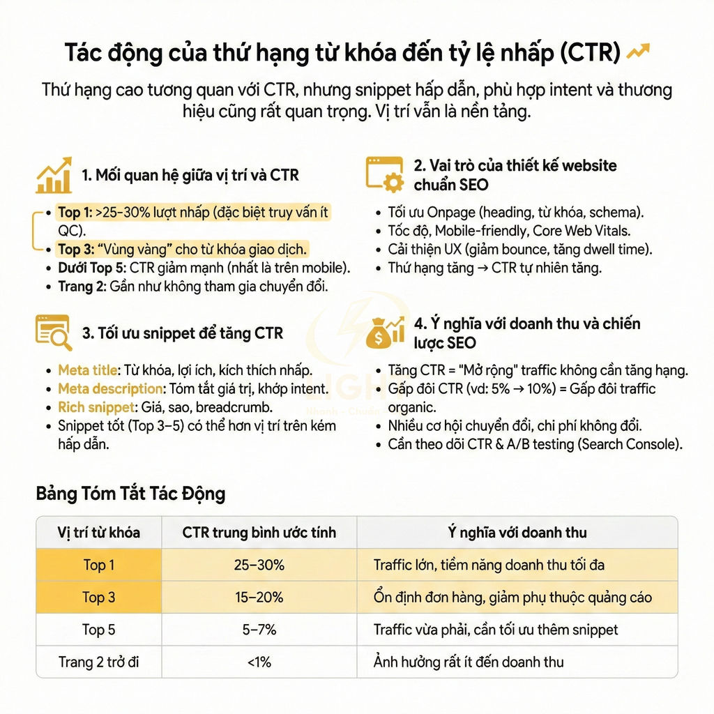 Infographic tiếng Việt về tác động thứ hạng từ khóa đến CTR và doanh thu trong chiến lược SEO