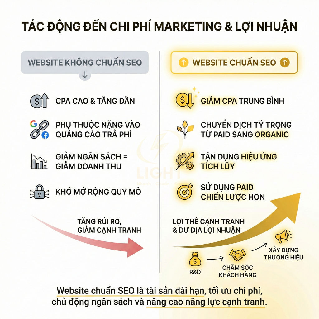 So sánh website chuẩn SEO và không chuẩn SEO về chi phí marketing và lợi nhuận, nhấn mạnh lợi ích SEO dài hạn