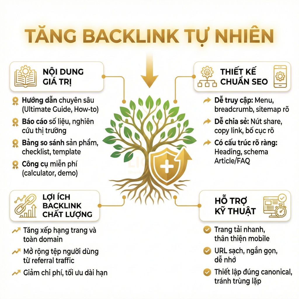 Infographic hướng dẫn tăng backlink tự nhiên với nội dung giá trị, thiết kế chuẩn SEO và hỗ trợ kỹ thuật
