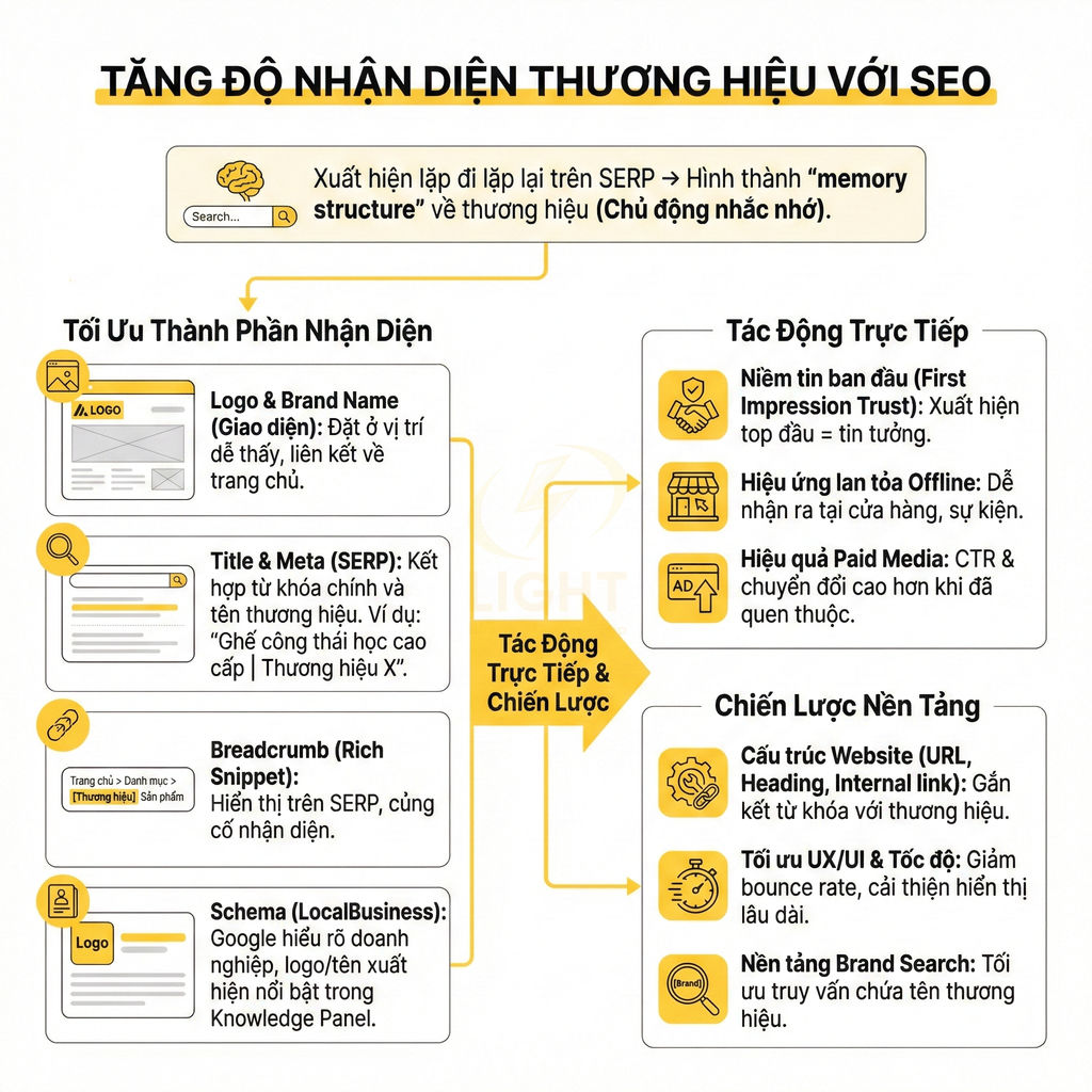 Infographic tăng độ nhận diện thương hiệu với SEO, tối ưu logo, tiêu đề, breadcrumb, schema và chiến lược website