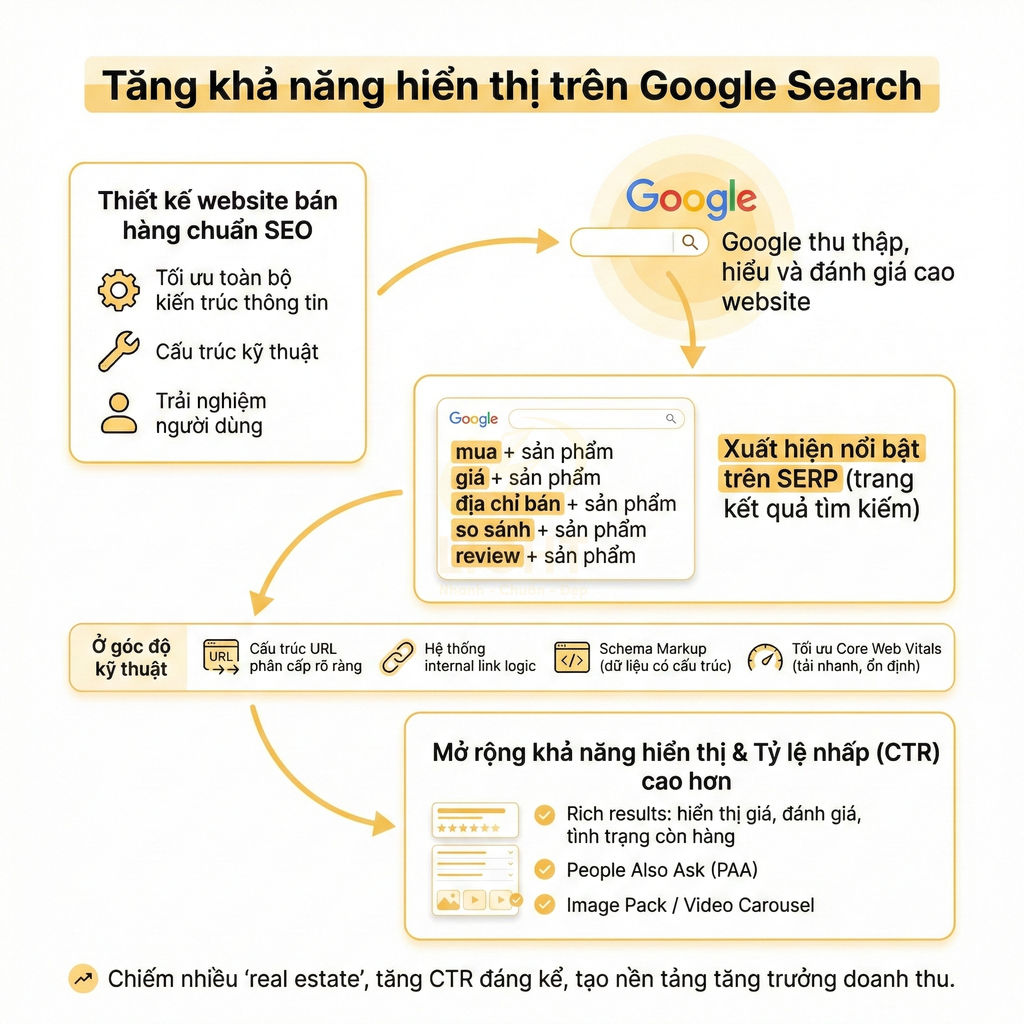 Minh họa quy trình tối ưu SEO website bán hàng để tăng khả năng hiển thị và CTR trên Google Search