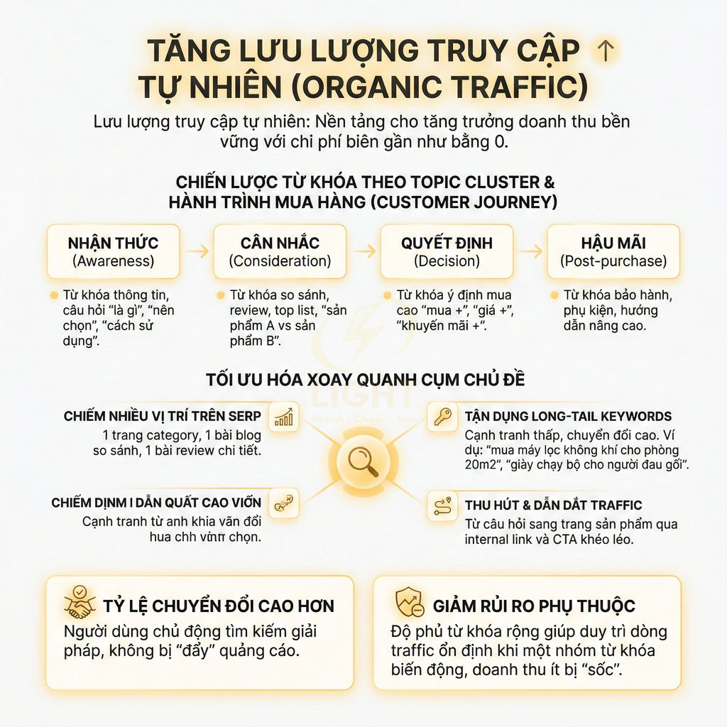 Infographic chiến lược SEO tăng lưu lượng truy cập tự nhiên với topic cluster và từ khóa theo hành trình mua hàng