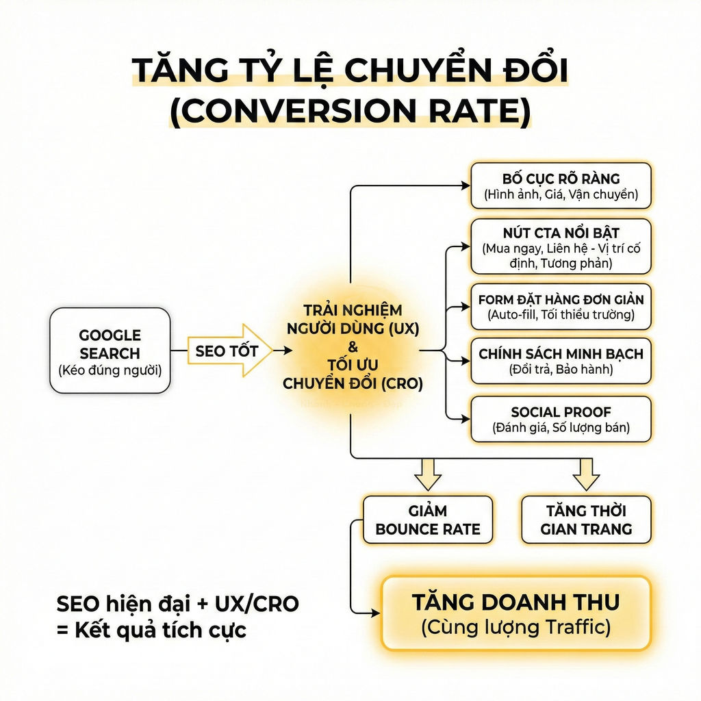 Sơ đồ quy trình SEO kết hợp UX CRO giúp giảm bounce rate tăng thời gian trên trang và tăng doanh thu