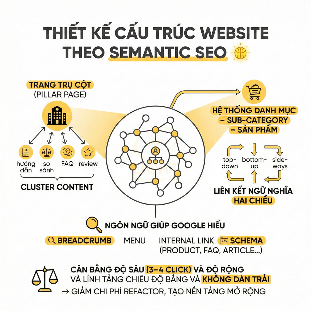 Mô hình cấu trúc website theo Semantic SEO với pillar page, cluster content và liên kết danh mục sản phẩm