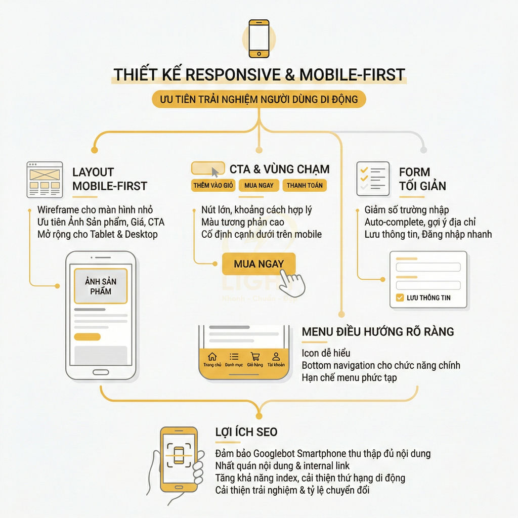 Infographic hướng dẫn thiết kế website responsive mobile first với layout mobile, CTA nổi bật, form tối giản và menu rõ ràng