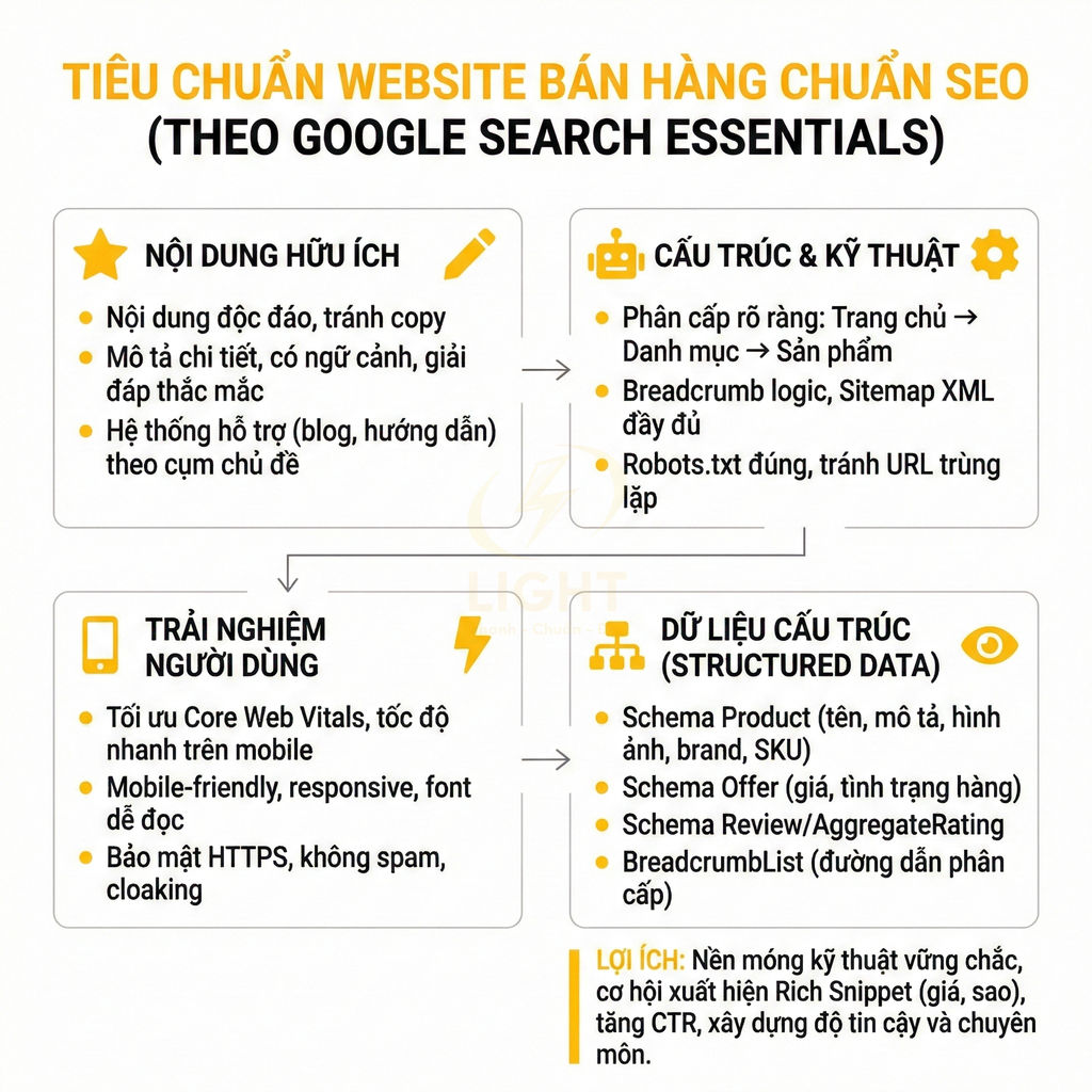 Tiêu chuẩn website bán hàng chuẩn SEO theo Google Search Essentials với nội dung, kỹ thuật và dữ liệu cấu trúc