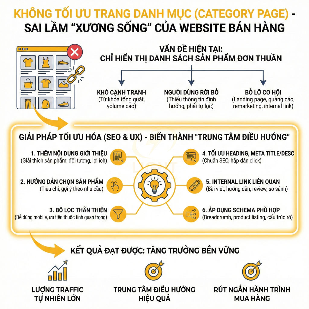 Infographic tối ưu trang danh mục website bán hàng với giải pháp SEO UX và lợi ích tăng trưởng bền vững