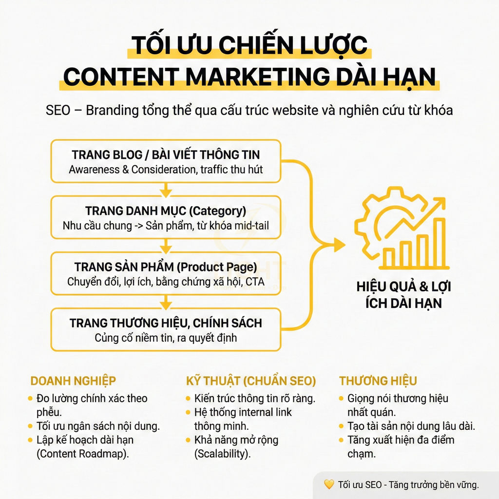 Sơ đồ tối ưu chiến lược content marketing dài hạn với cấu trúc website chuẩn SEO và lợi ích cho doanh nghiệp
