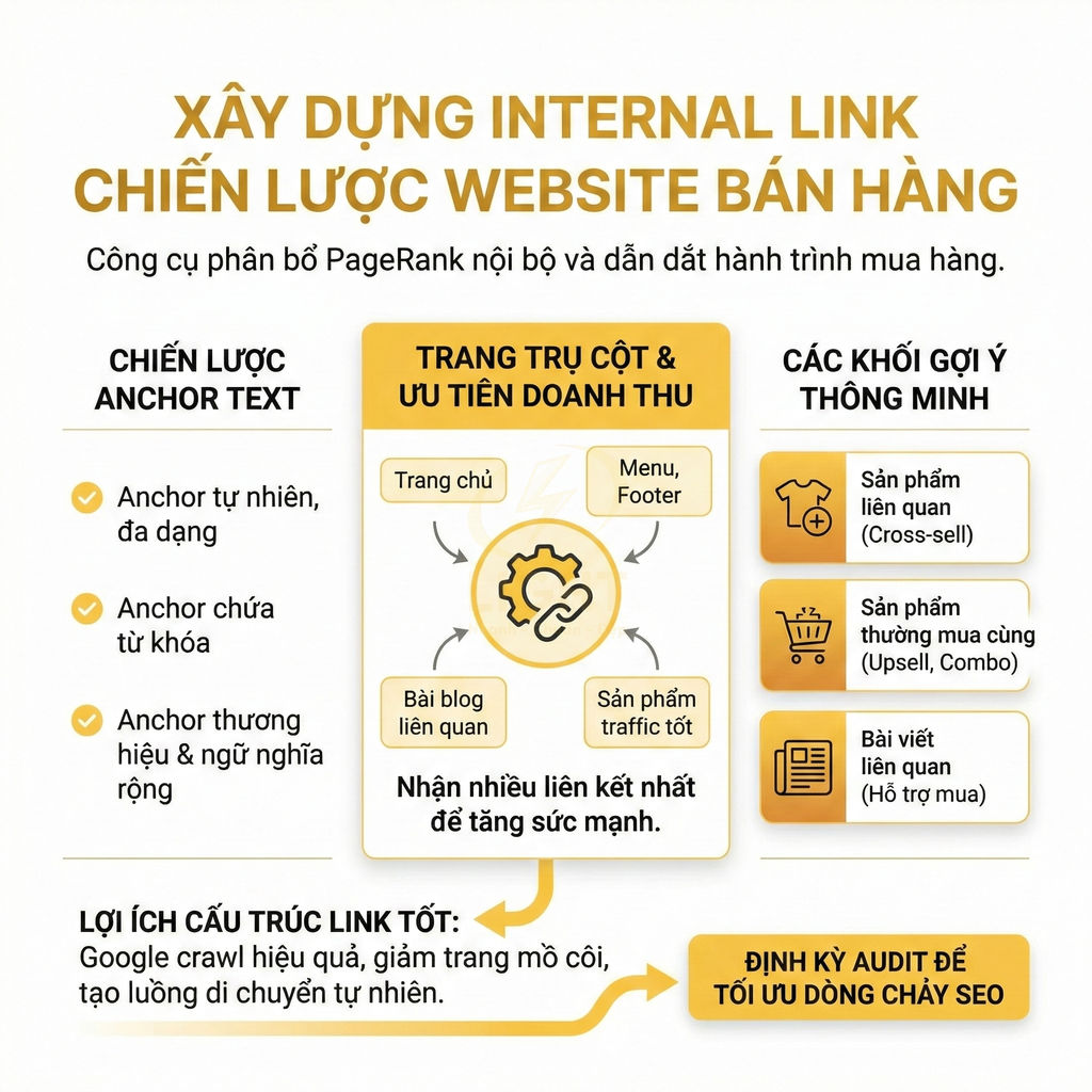 Hướng dẫn xây dựng internal link cho website bán hàng với chiến lược anchor text và các khối gợi ý sản phẩm thông minh