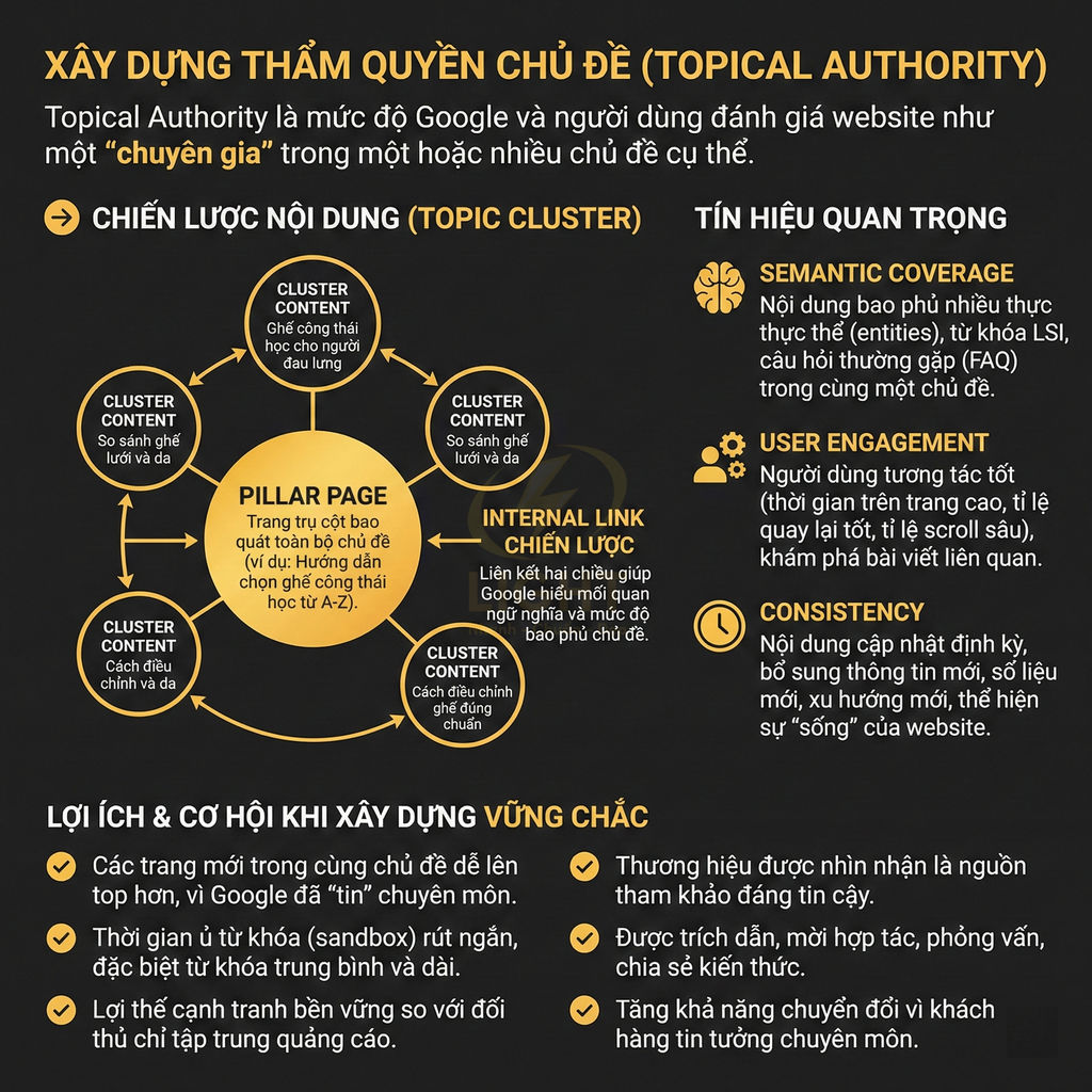 Infographic xây dựng thẩm quyền chủ đề Topical Authority với mô hình topic cluster và lợi ích cho SEO website