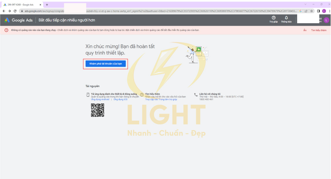 Hoàn thành việc tạo tài khoản quảng cáo google ads