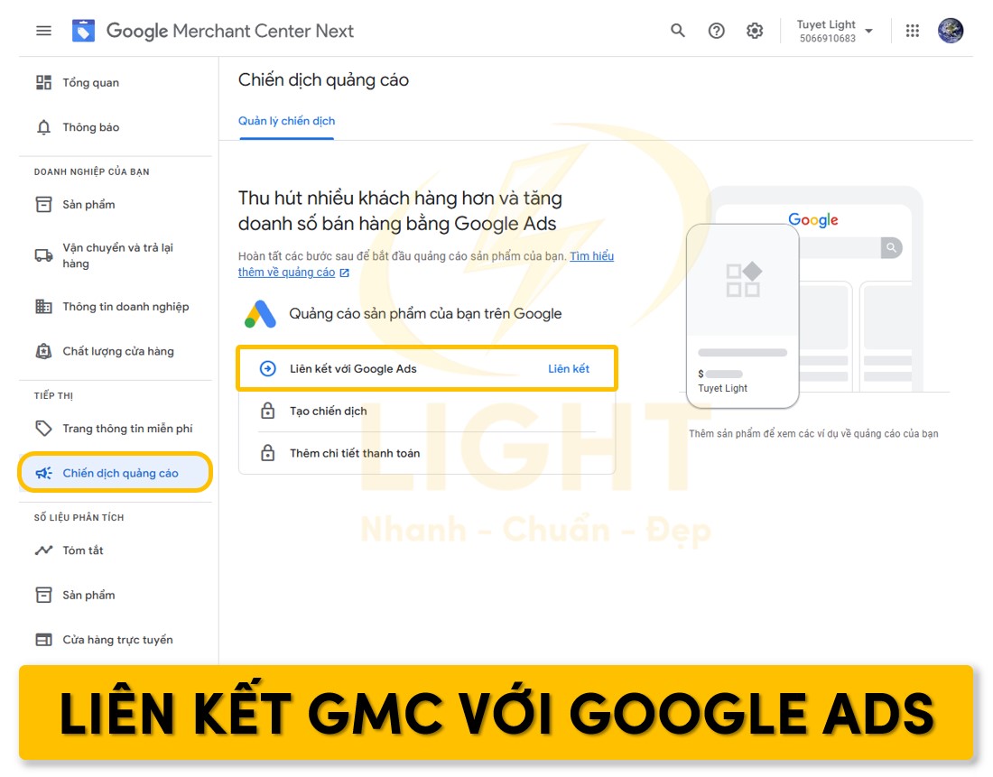 Truy cập chiến dịch quảng cáo để liên kết với Google Ads
