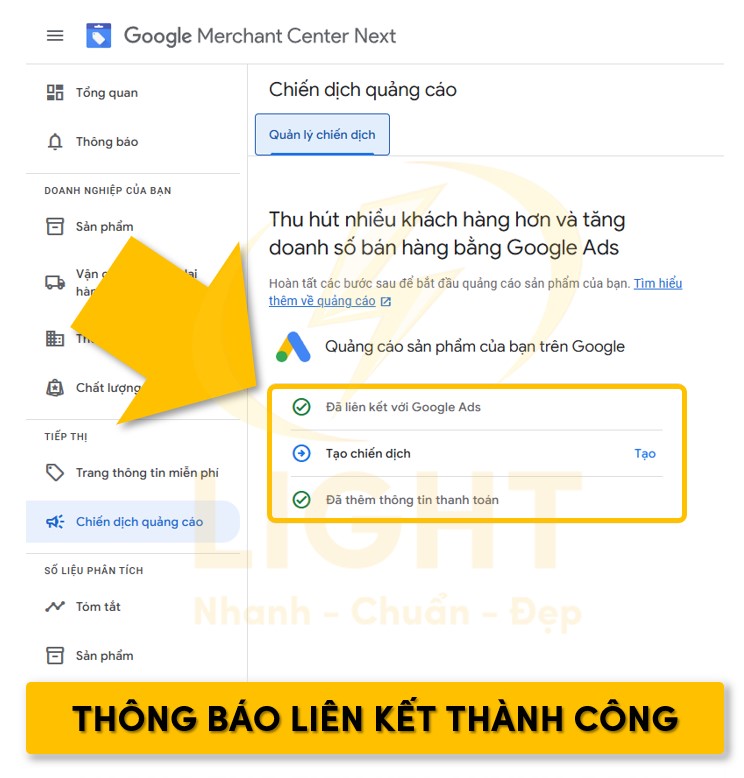 Thông báo liên kết thành công giữa Google Ads và Google Merchant Center