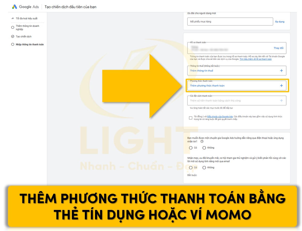 Thiết lập phương thức thanh toán trên Google Ads