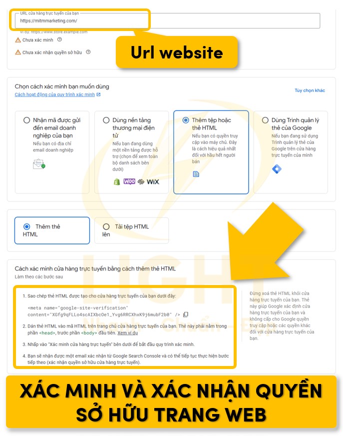 Nhập url website và xác nhận quyền sở hữu