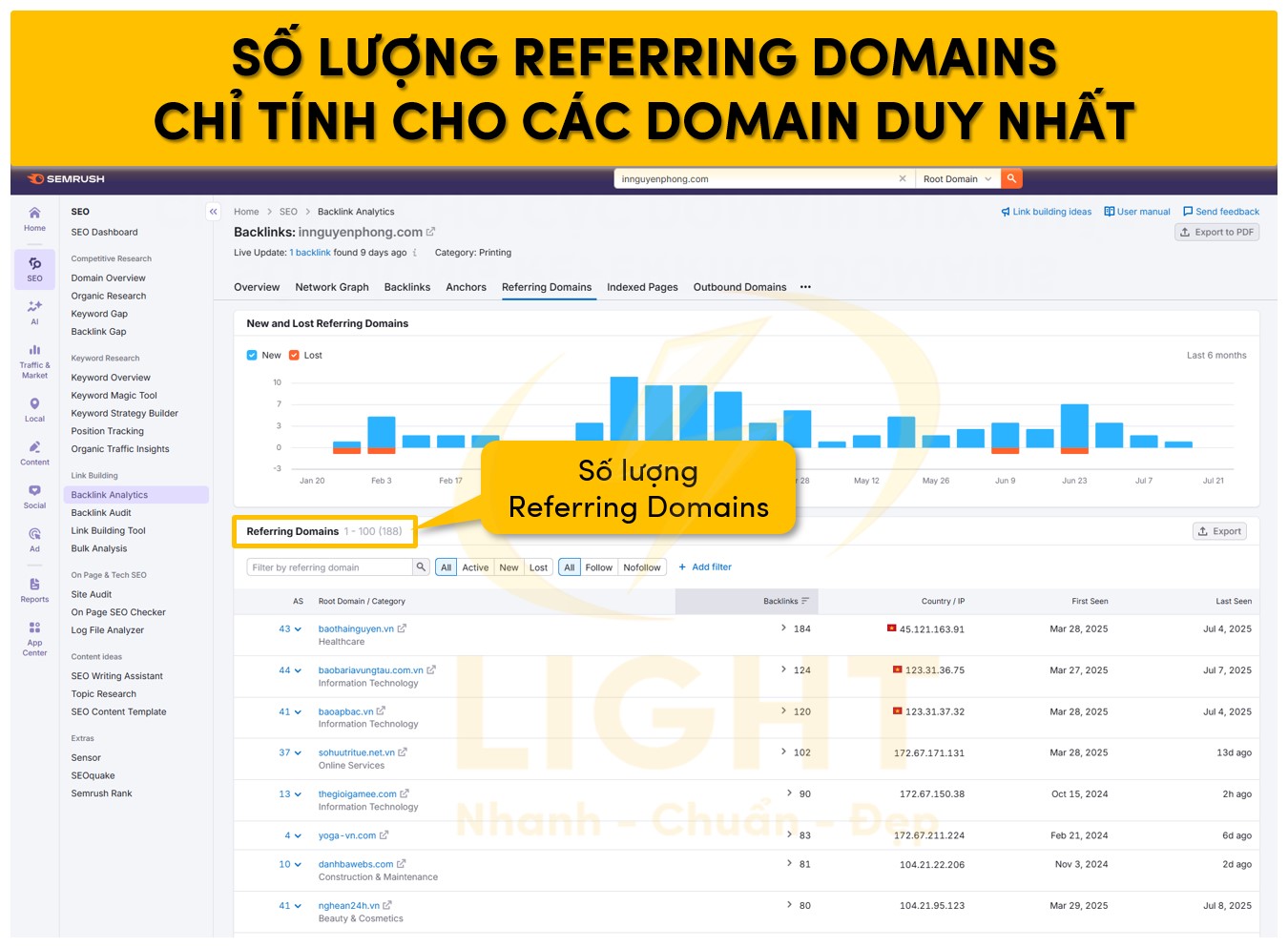 Số lượng Referring Domains chỉ tính cho các domain duy nhất