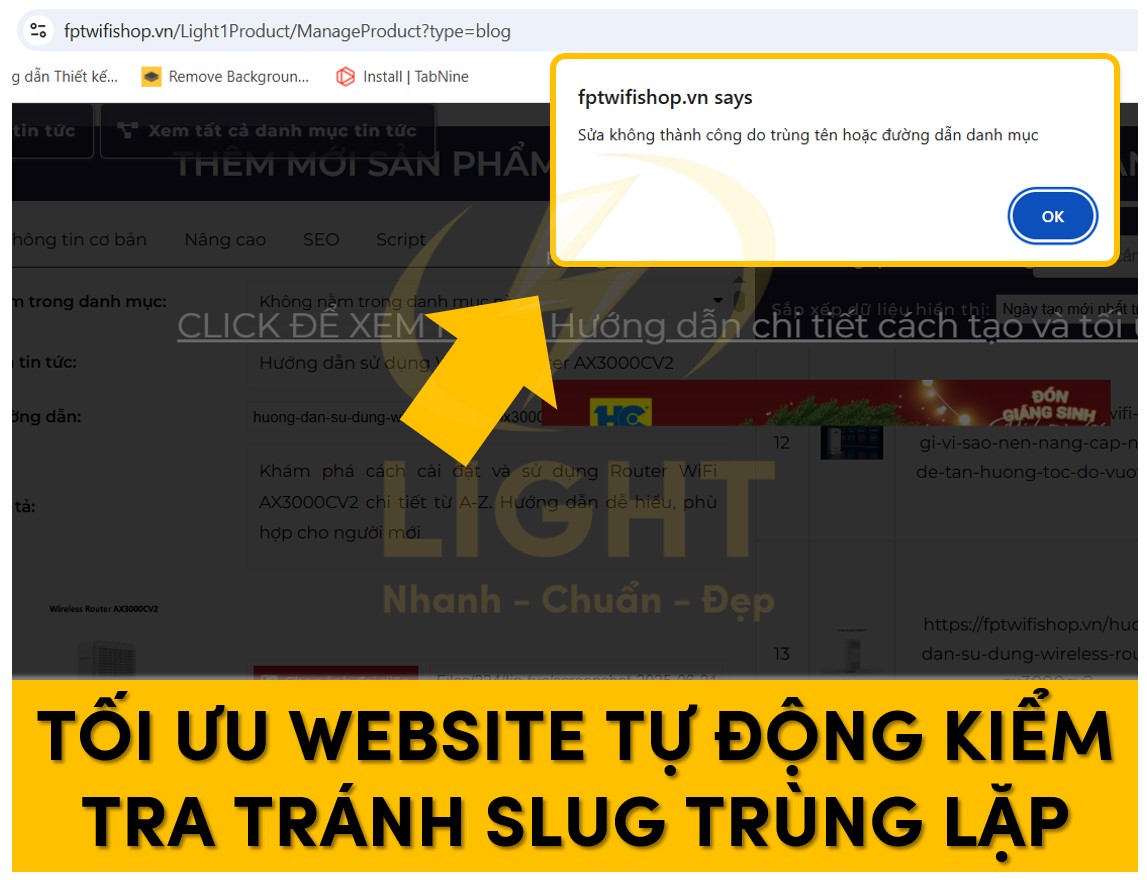 Tối ưu website tự động kiểm tra tránh slug trùng lặp
