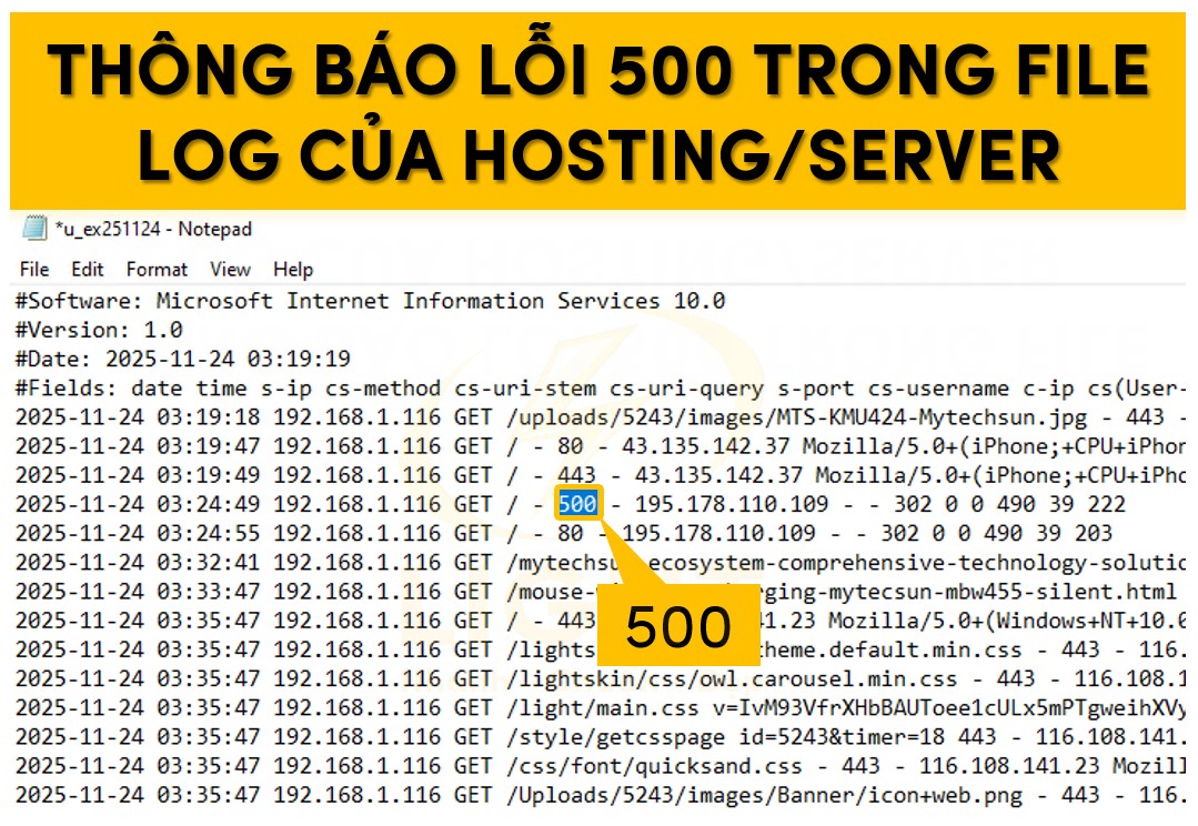Thông báo lỗi 500 trong file log của hosting/server