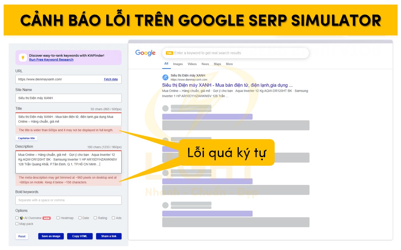 Cảnh báo lỗi trên Google SERP Simulator