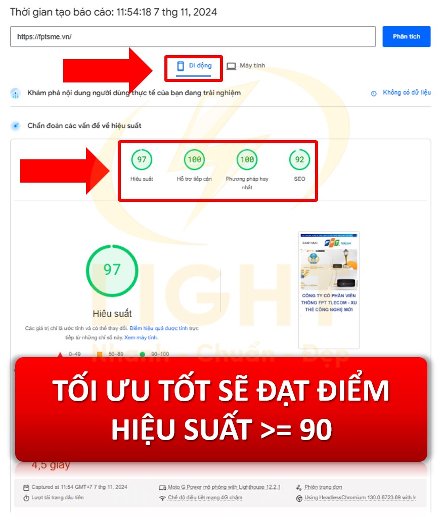 tốt ưu website tốt sẽ đạt hiệu suất Google >= 90