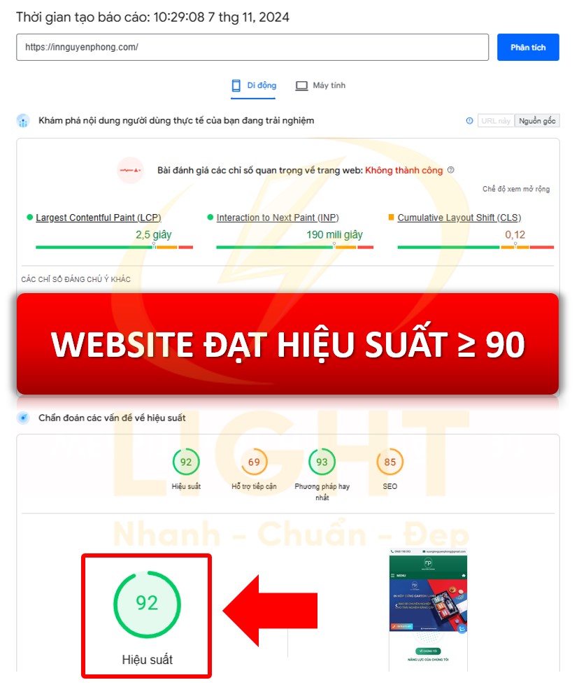 website chuẩn seo thì điểm hiệu suất Google developer speed phải trên 90 điểm