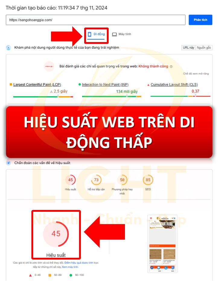 hiệu suất trên di động thấp là website không chuẩn seo