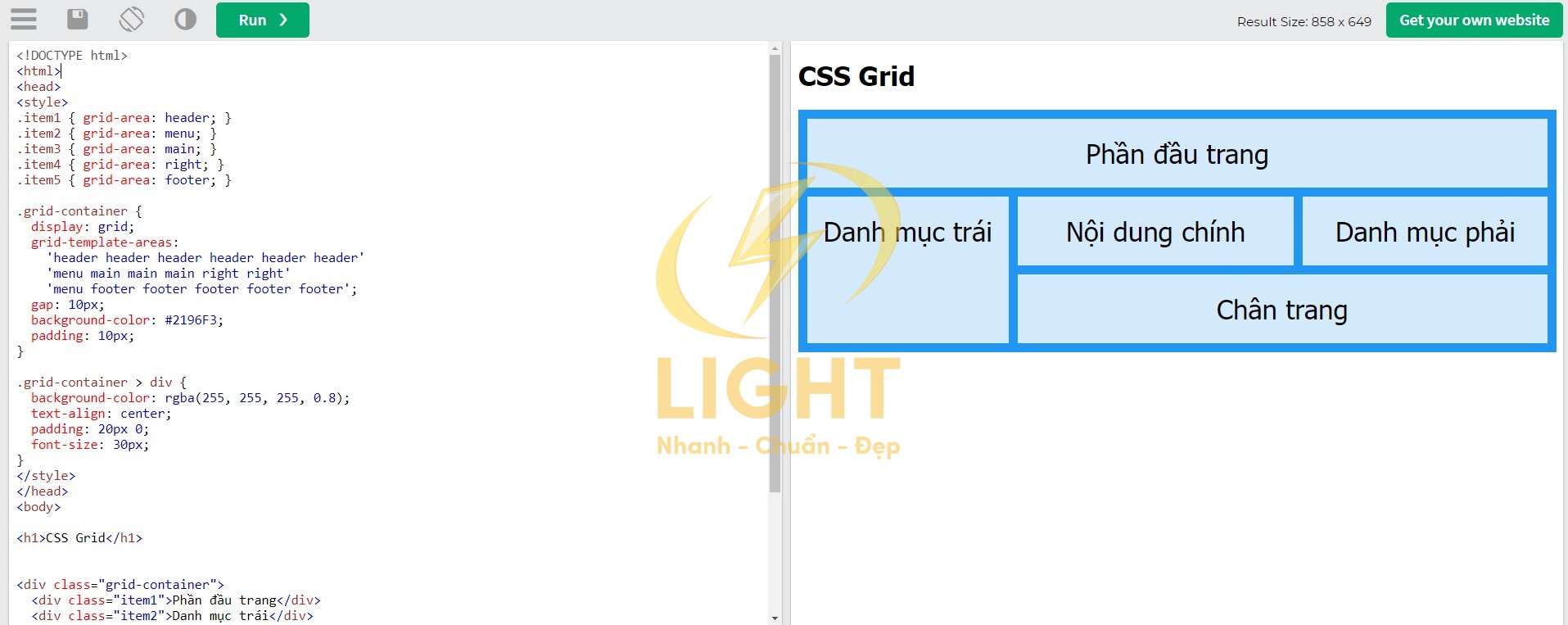 Minh họa áp dụng CSS Grid vào sắp xếp bố cục trang