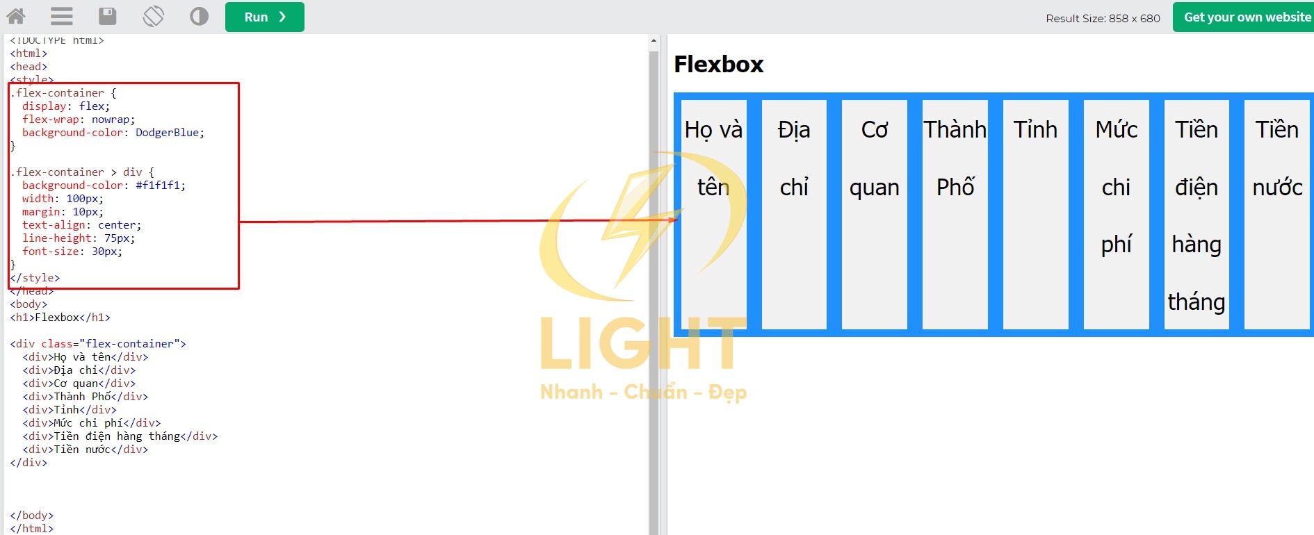 Minh họa sau khi sử dụng Flexbox