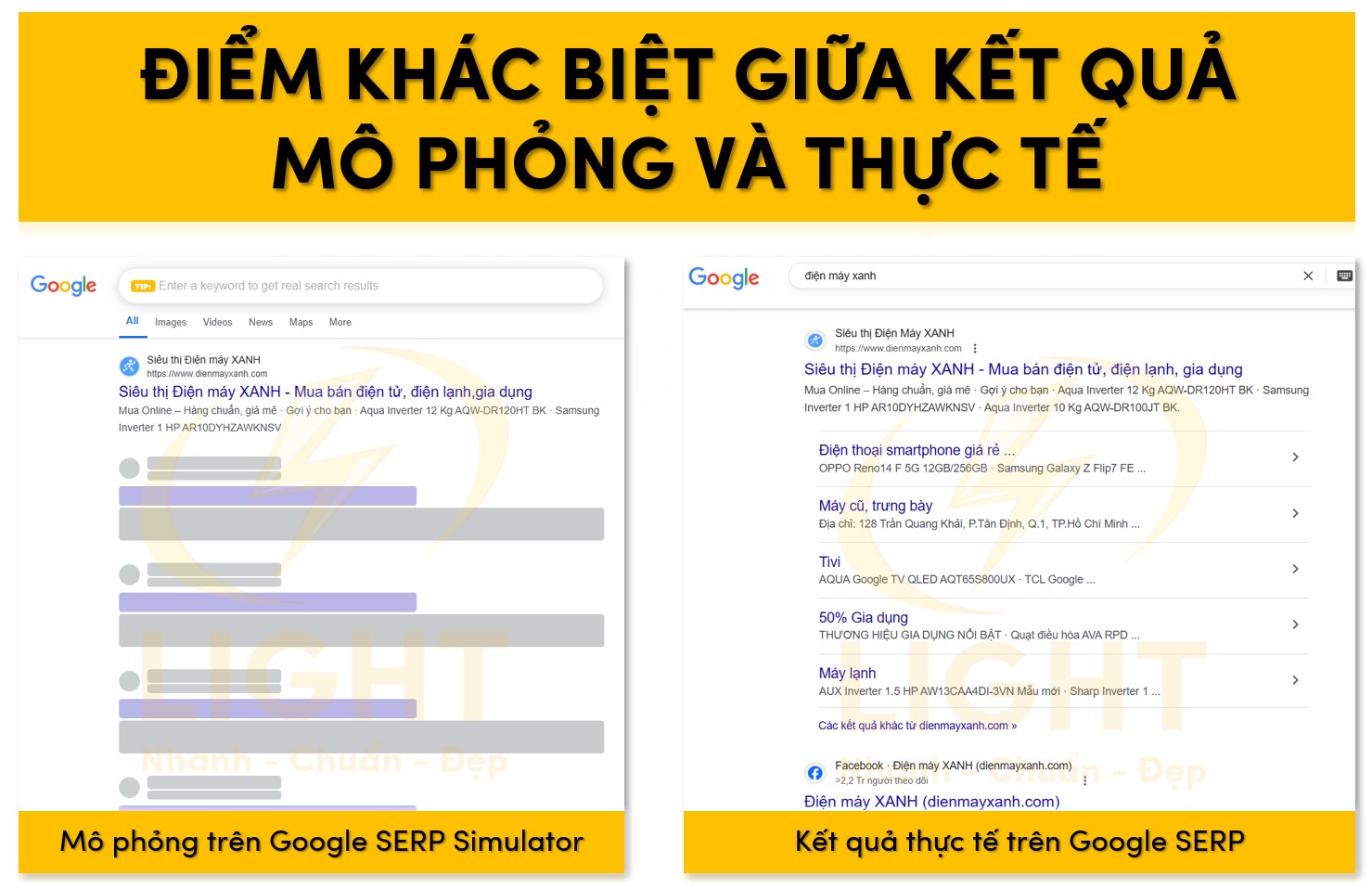 Điểm khác biệt giữa kết quả thực tế trên Google SERP và mô phỏng trên Google SERP Simulator