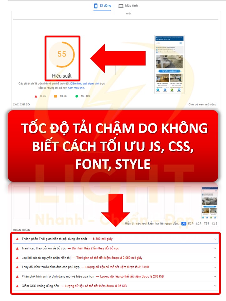 tốc độ tải chậm do website không tối ưu JS, CSS, Font, Style