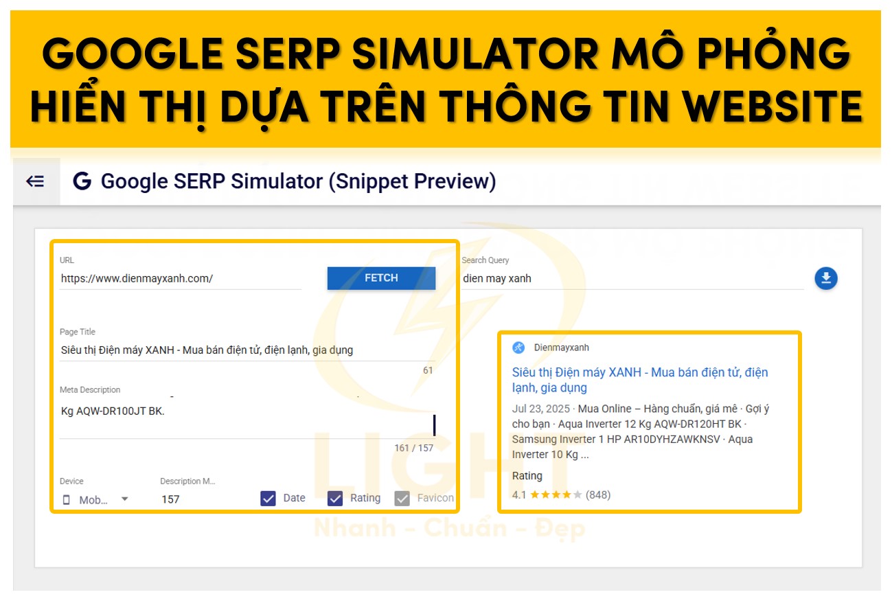 Google SERP Simulator mô phỏng hiển thị dựa trên thông tin website