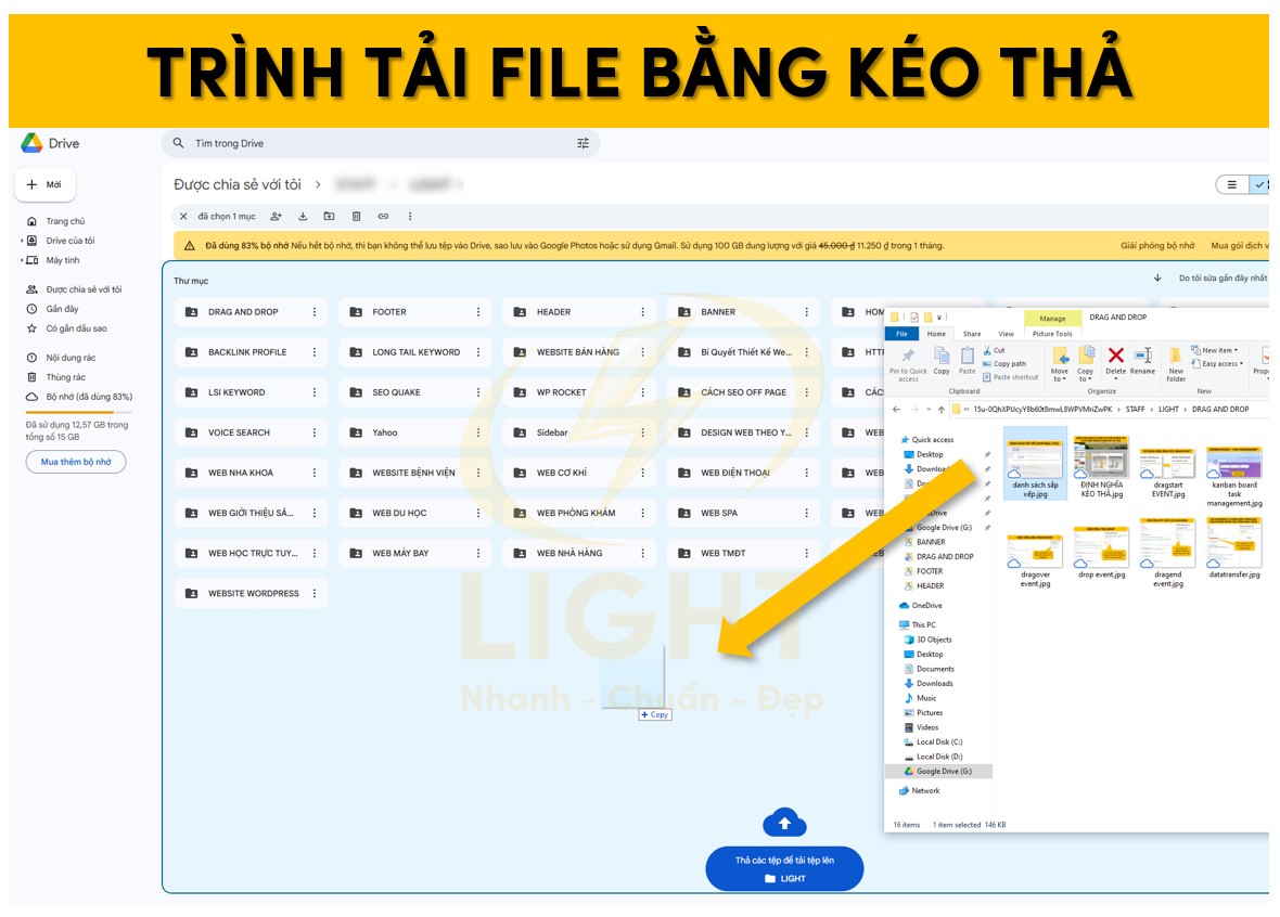 Upload file bằng hình thức kéo thả lên Google Driver