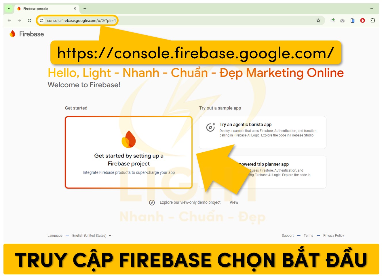 Truy cập Firebase chọn bất đầu